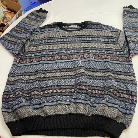 MFH Knits 100% Alpaca Men's Crewneck Sweater Size XXL Blue Gray Black Stripped - Picture 8 of 9
